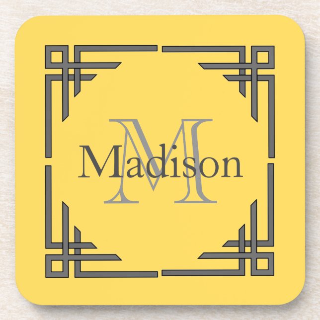 Dessous-de-verre Jaune Moutarde Gris Bordure Géométrique Monogramme (Devant)