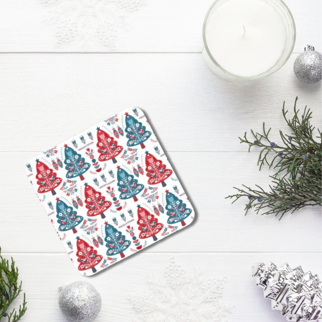 Dessous-de-verre Joli arbre de Noël rouge et bleu Motif nordique (Créateur téléchargé)