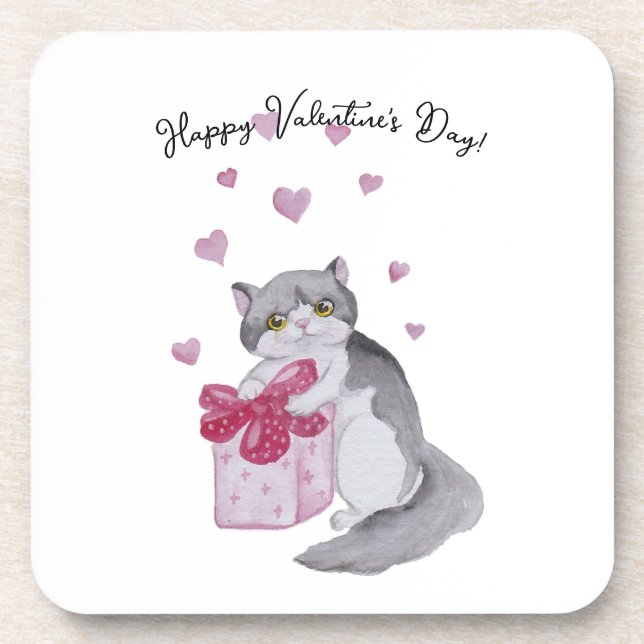 Dessous-de-verre Joli chat à l'aquarelle pour la Saint-Valentin (Devant)