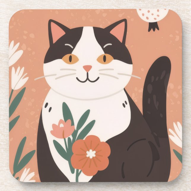 Dessous-de-verre Joli Chat Heureux avec des Fleurs de Printemps  (Devant)