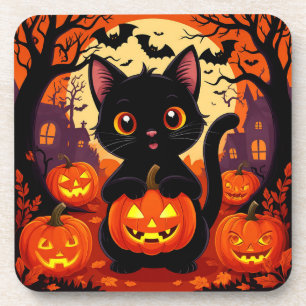 Dessous-de-verre Joli Chat Noir avec des Citrouilles d'Halloween