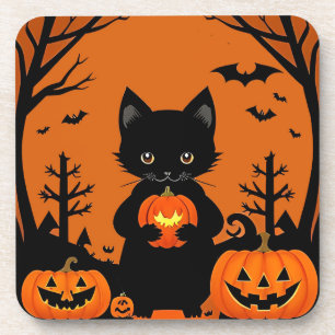 Dessous-de-verre Joli chat noir avec des citrouilles d'Halloween