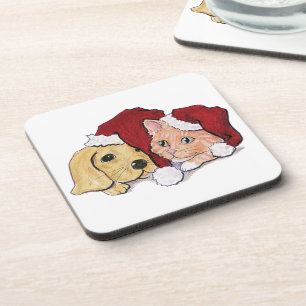 Dessous-de-verre Joli chiot Labrador de Noël et chat tigré orange