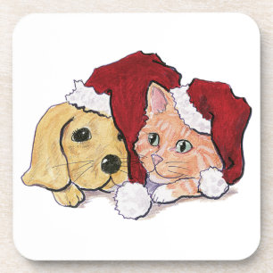 Dessous-de-verre Joli chiot Labrador de Noël et chat tigré orange
