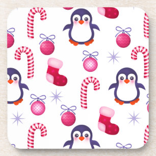 Dessous-de-verre Joli Motif de Noël rose et blanc avec des pingouin