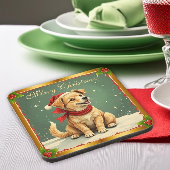 Dessous-de-verre Joli Noël Chiot Doré  (Sweet Christmas Golden Puppy Beverage Coaster by the Olde Christmas Shoppe)