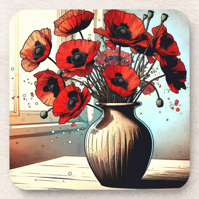 Dessous-de-verre Joli Vase de Red Poppies ai art (Devant)