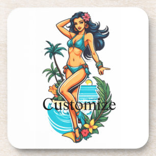 Dessous-de-verre Jolie fille de plage en bikini aux cheveux noirs T