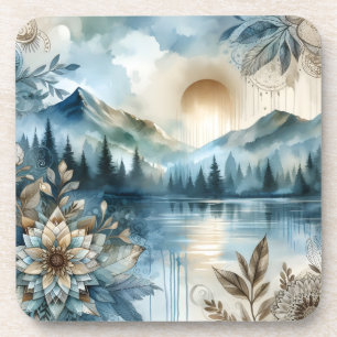 Dessous-de-verre Jour de la pluie Aquarelle Mountain Lake Boho rust