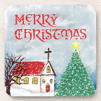 Dessous-de-verre Joyeuse église de Noël et arbre de Noël en neige