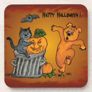 Dessous-de-verre Joyeux Halloween avec Chat Chat Chien et Araignée