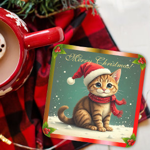Dessous-de-verre Joyeux Noël avec un chat tigré vintage mignon
