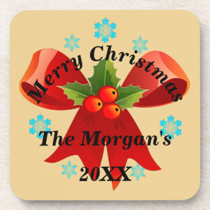 Dessous-de-verre Joyeux Noël Rouge Ribbon Holly Leaf