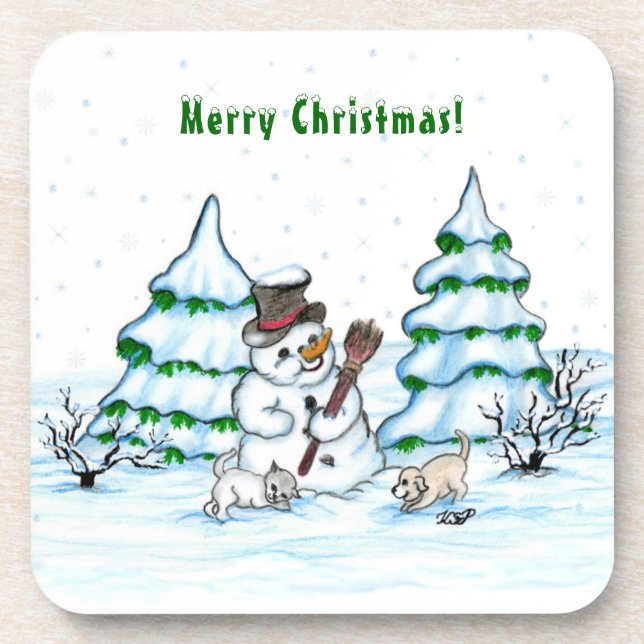 Dessous-de-verre Joyeux Noël ! Snowman avec chat et chiot (Devant)