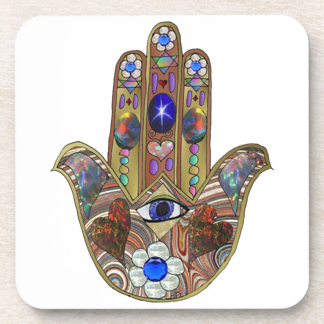 Dessous-de-verre Judaica Hamsa Coeurs Fleurs Opal Art Imprimer (Devant)