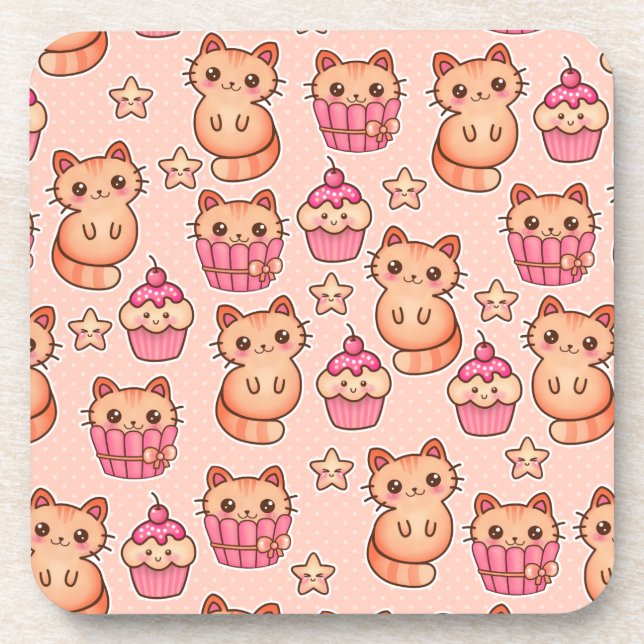 Dessous-de-verre Kawaii Cute Cats and Cupcakes Motif rose (Devant)