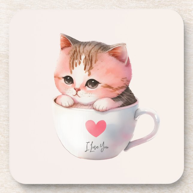 Dessous-de-verre Kawaii Cute Striped Pink Chibi Cat (Devant)