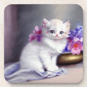 Dessous-de-verre Kitten blanc vintage aux fleurs roses et violettes