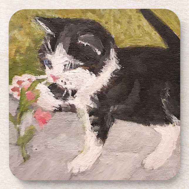 Dessous-de-verre Kitten Jouer avec Fleur rose (Devant)