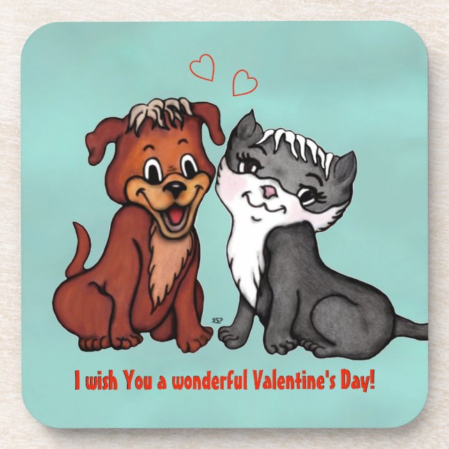 Dessous-de-verre Kitty and Puppy, Joyeuse Saint Valentin ! (Devant)