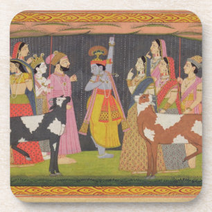 Dessous-de-verre Krishna levant le mont Govardhana, de la 'Bhagav
