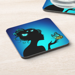 Dessous-de-verre La femme papillons bleues