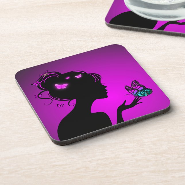 Dessous-de-verre La femme papillons violets (Côté gauche)