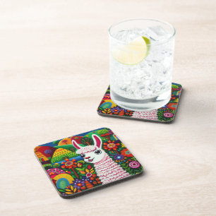 Dessous-de-verre Lama coloré entouré d'un tableau de fleurs