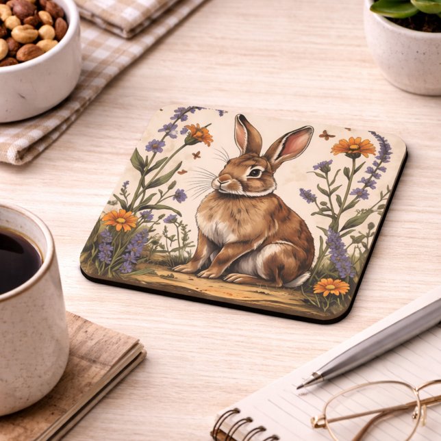 Dessous-de-verre Lapin Vintage avec Fleurs Sauvages (Créateur téléchargé)