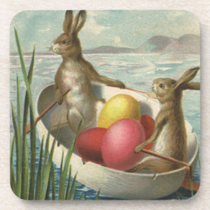 Dessous-de-verre Lapins vintage dans un bateau, salutations amoureu