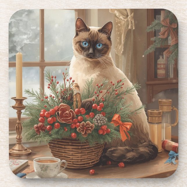 Dessous-de-verre Le chat arrange des fleurs de Noël (Devant)
