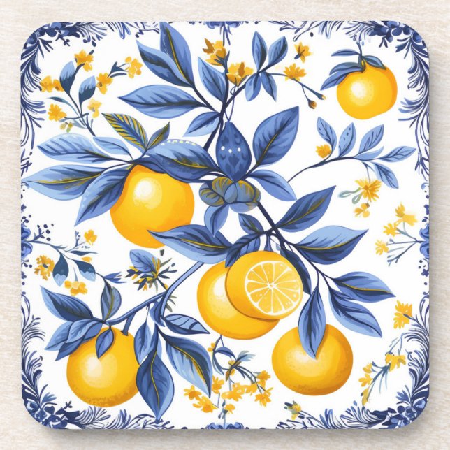 Dessous-de-verre 🍋 Lemon Azulejo avec éléments bleus (Devant)