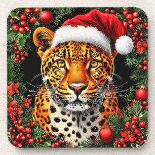 Dessous-de-verre Léopard de fête portant un chapeau de Père Noël