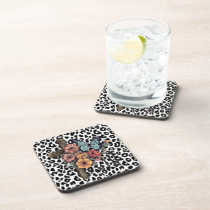 Dessous-de-verre Léopard des neiges croisé, Fleurs et Papillons