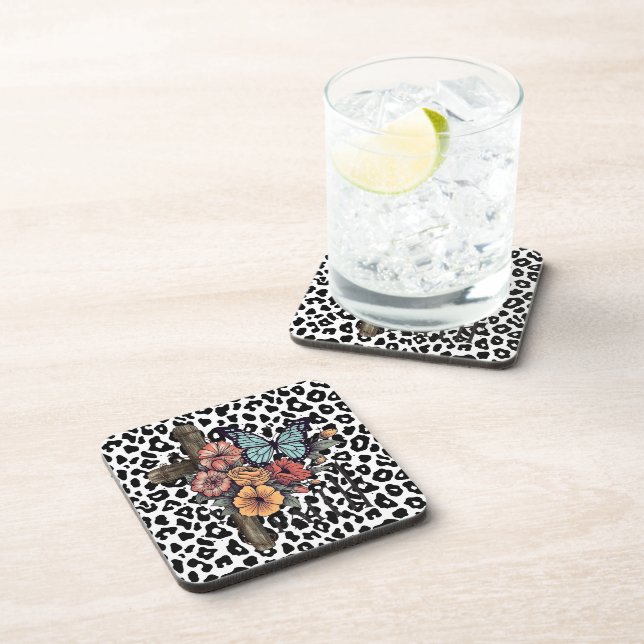 Dessous-de-verre Léopard des neiges croisé, Fleurs et Papillons (Côté Droit)