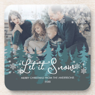 Dessous-de-verre Let It Snow Modern Teal Green Trees Family Photo