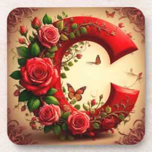 Dessous-de-verre Lettre C élégante en rouge par Roses et Papillon