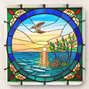 Dessous-de-verre Lever de soleil sur l'océan avec oiseau en vol