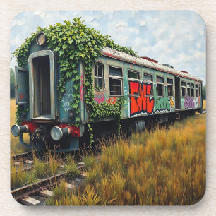 Dessous-de-verre Lierre et graffiti recouvrant un train abandonné