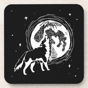 Dessous-de-verre Linocut de lune Husky Howling noir et blanc