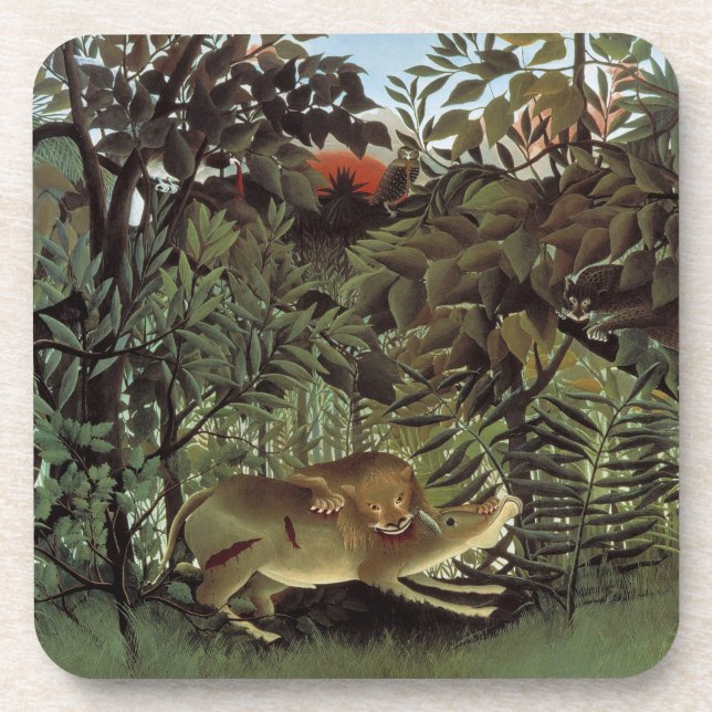 Dessous-de-verre Lion affamé par Henri Rousseau, animal sauvage Vin (Devant)