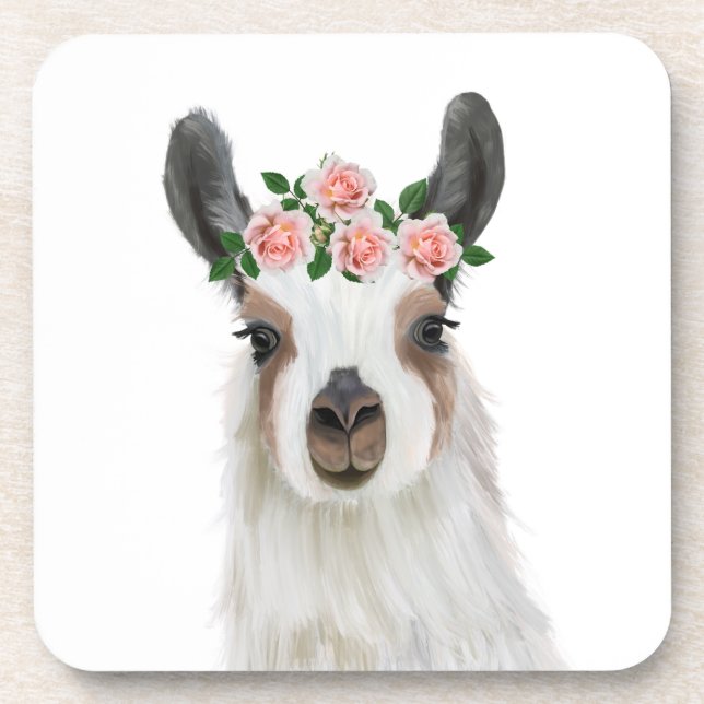 Dessous-de-verre Llama Fluffée Cute Avec Couronne Fleur Rose (Devant)