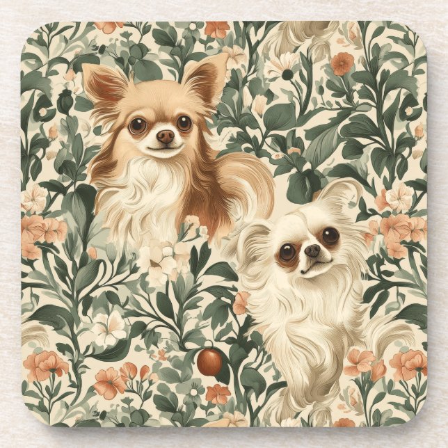 Dessous-de-verre Long Haired Chihuahuas William Morris style floral (Devant)