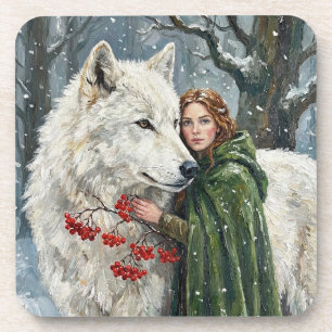 Dessous-de-verre Loup Blanc Druide Roux Baies d'Hiver Fantastique A
