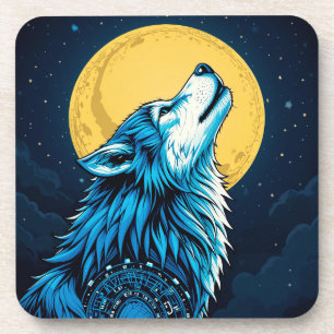 Dessous-de-verre Loup bleu mystique hurlant à la pleine lune
