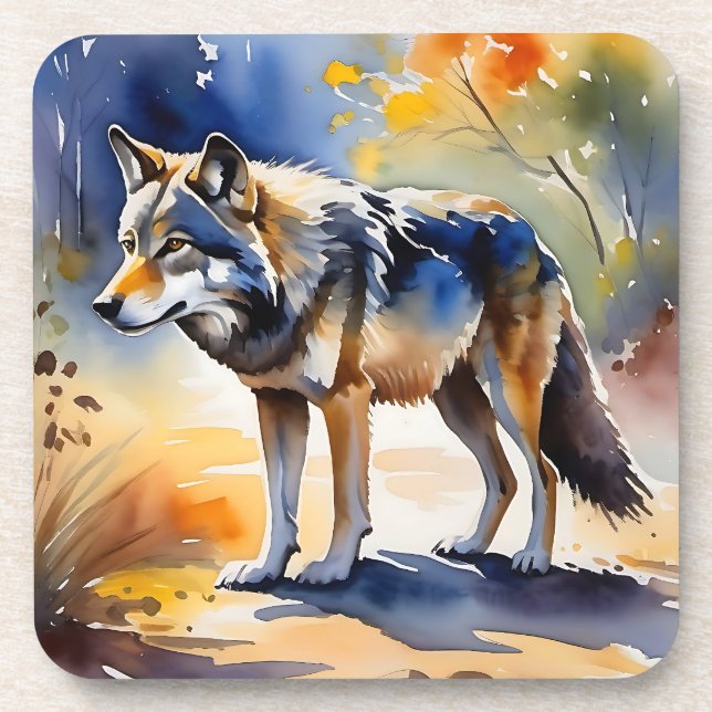 Dessous-de-verre Loup dans une aquarelle de forêt (Devant)