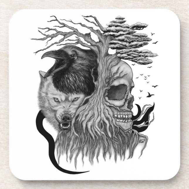 Dessous-de-verre Loup et corbeau avec crâne (Devant)