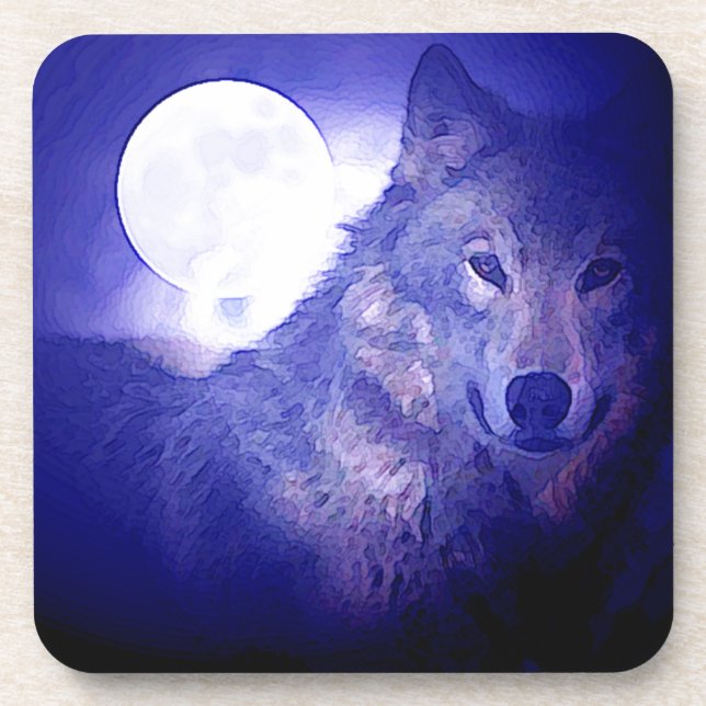 Dessous-de-verre Loup, Lune et Nuit Bleue (Devant)