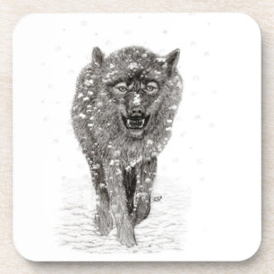 Dessous-de-verre Loup noir en colère dans la neige, hiver sauvage