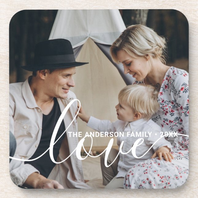 Dessous-de-verre 'Love' Photo de famille personnalisée avec nom per (Devant)
